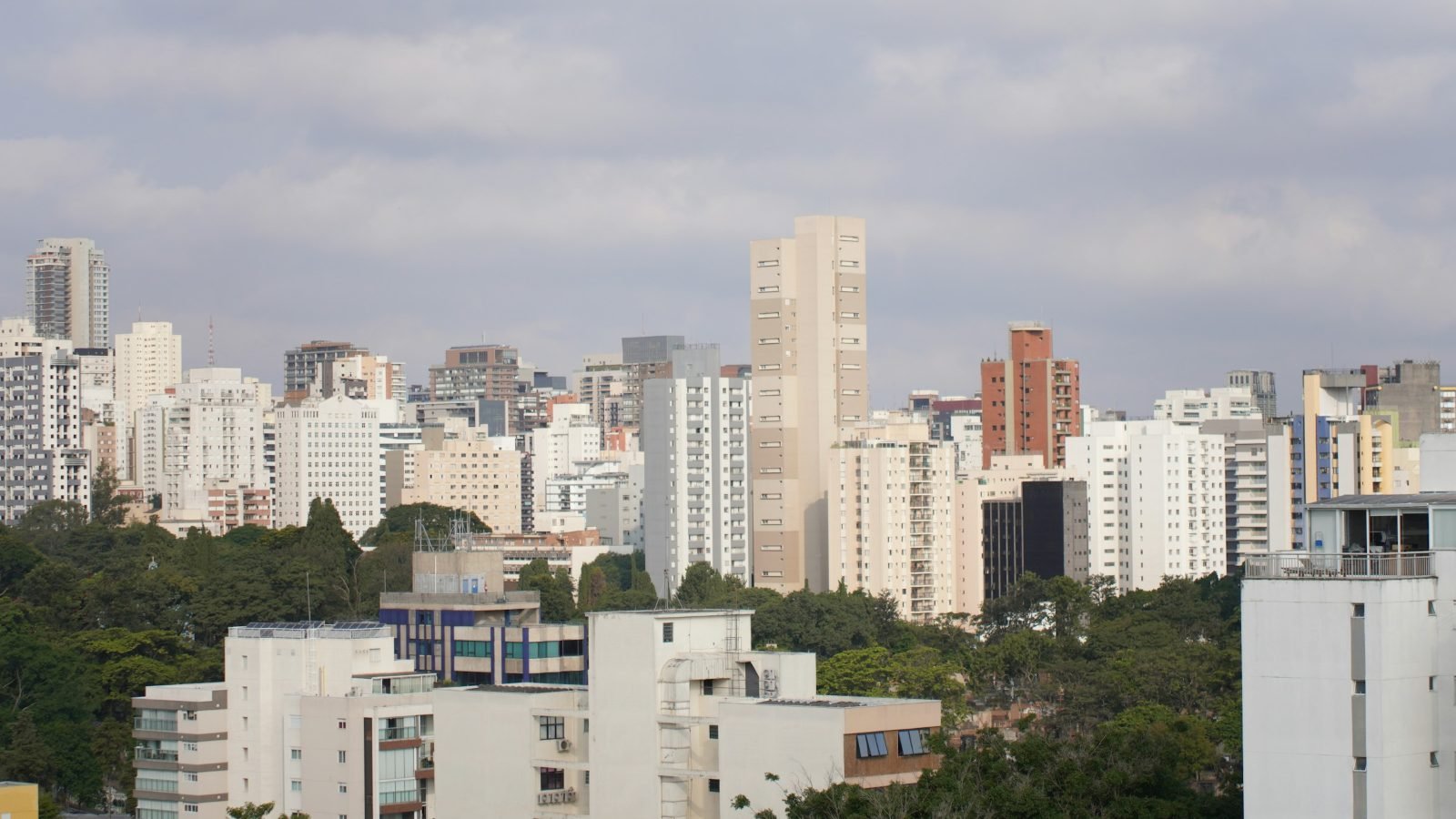 Prédios residenciais da Vila Mariana, em São Paulo, entre árvores e sob céu nublado