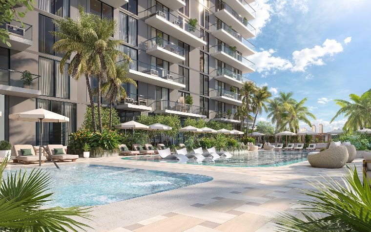 Deck da piscina com cabanas