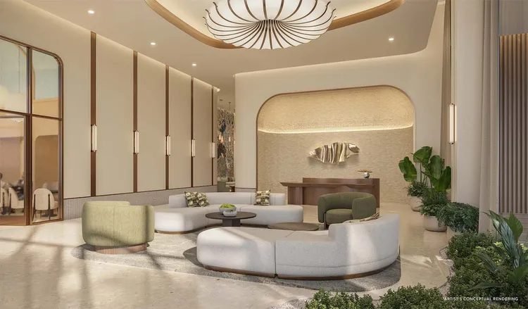 Lobby com lustre escultural