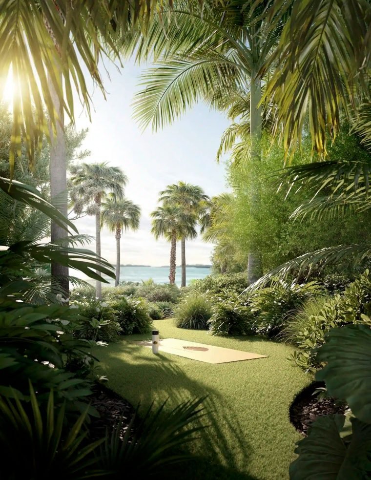 Jardins e trilha de bosque no pódio de lazer