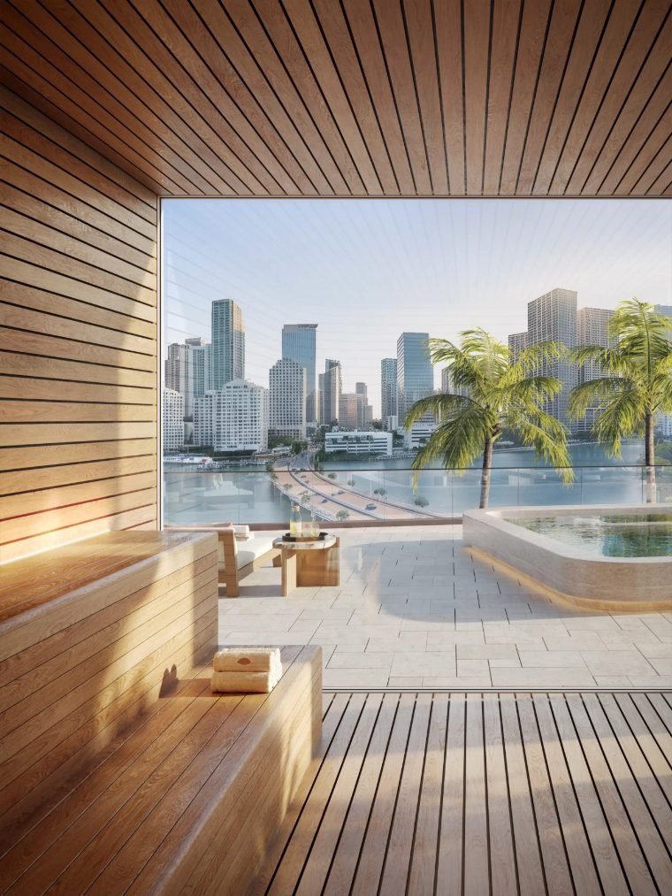 Área de spa ao ar livre com vista do skyline de Brickell