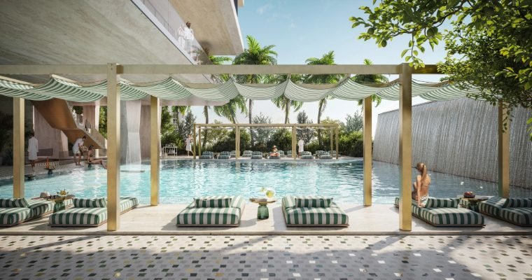 Pool club com piscina, espreguiçadeiras e pérgola
