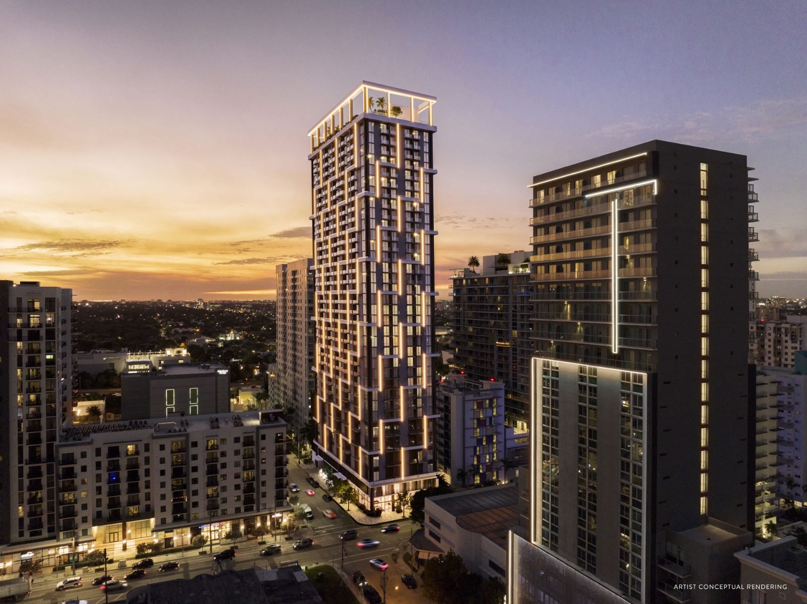 Torre do Domus Brickell Center ao entardecer em Brickell