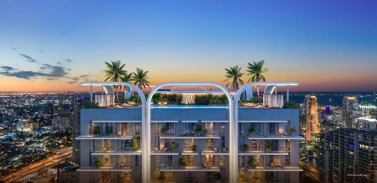 Fachada e rooftop do House of Wellness Brickell ao pôr do sol