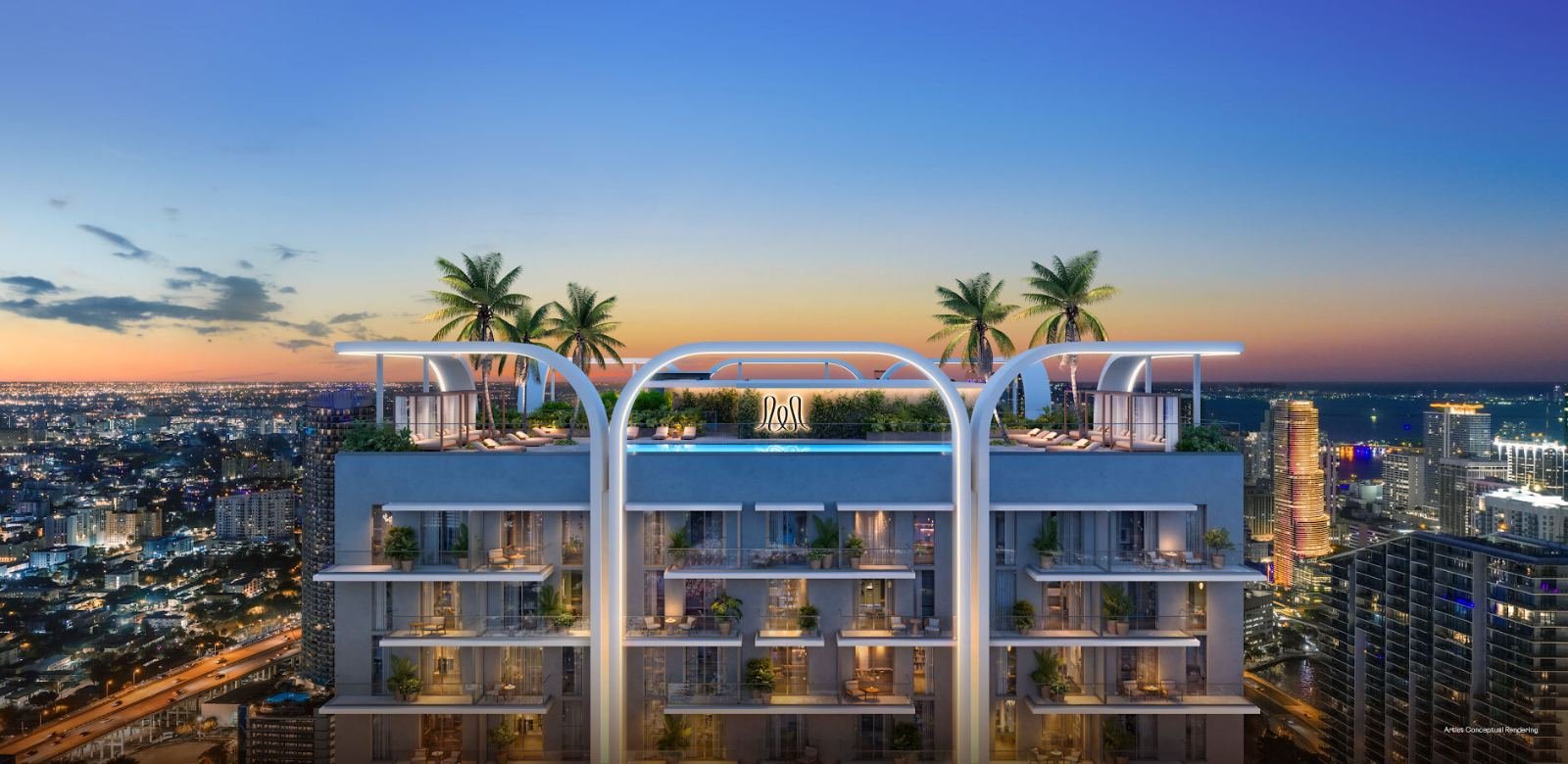 Fachada e rooftop do House of Wellness Brickell ao pôr do sol