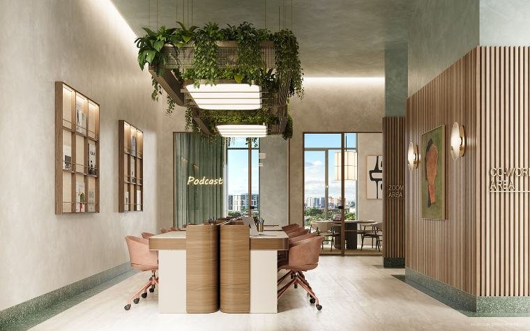 Espaço de coworking com jardim suspenso
