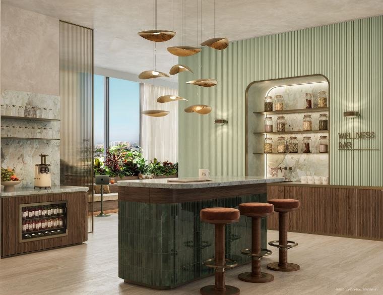 Wellness bar com balcão e prateleiras