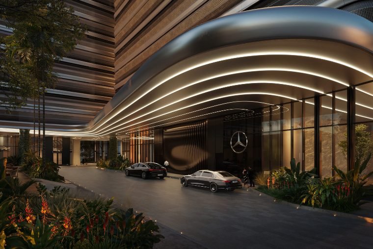 Lounge com arquitetura curva e iluminação suave