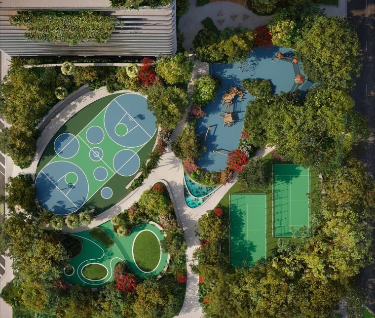 Jardins e piscinas vistos de cima