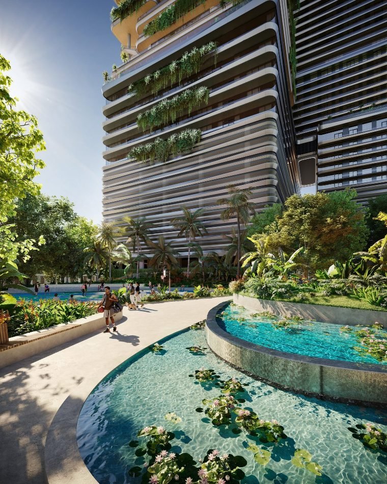 Piscina e jardins aos pés da torre