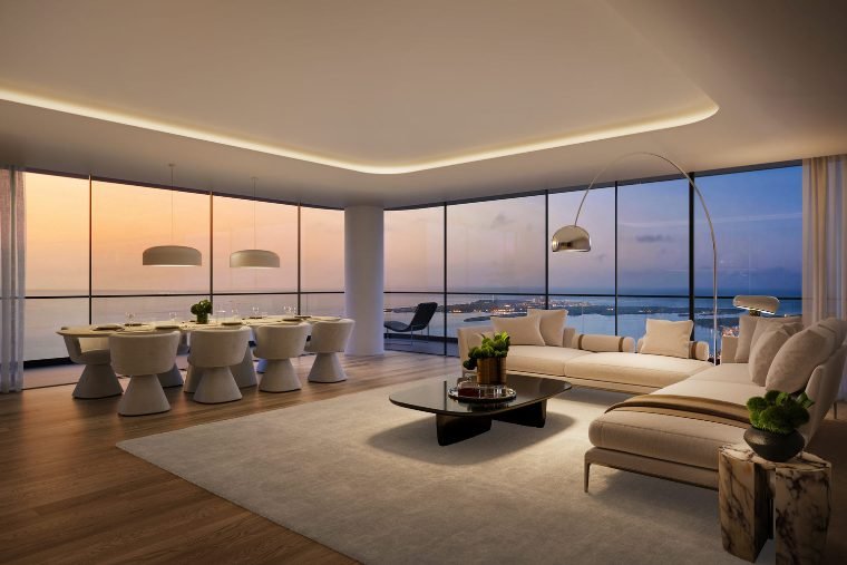 Sala de estar de residência, ao entardecer
