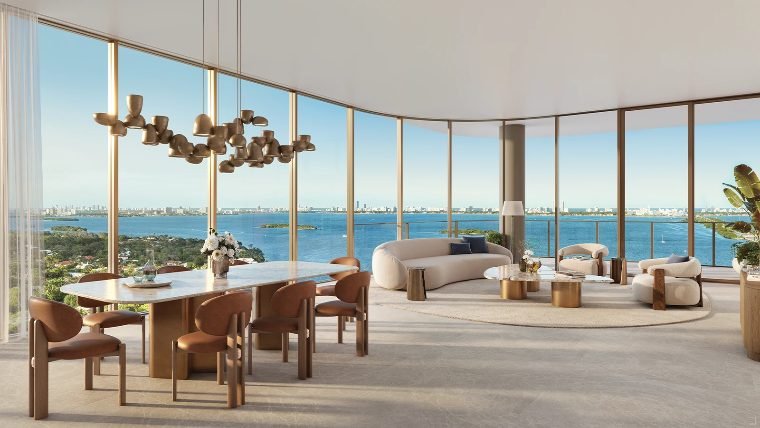 Torres do Kempinski Residences com a Baía de Biscayne