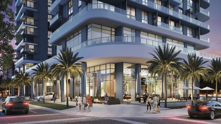 Térreo do 600 Miami Worldcenter com porte-cochère e paisagismo