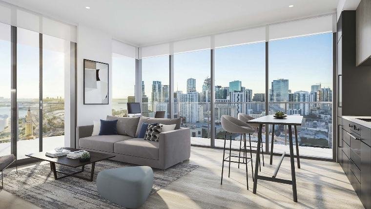 Sala de estar com vista para Downtown Miami