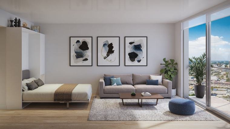 Studio mobiliado com cama e sala