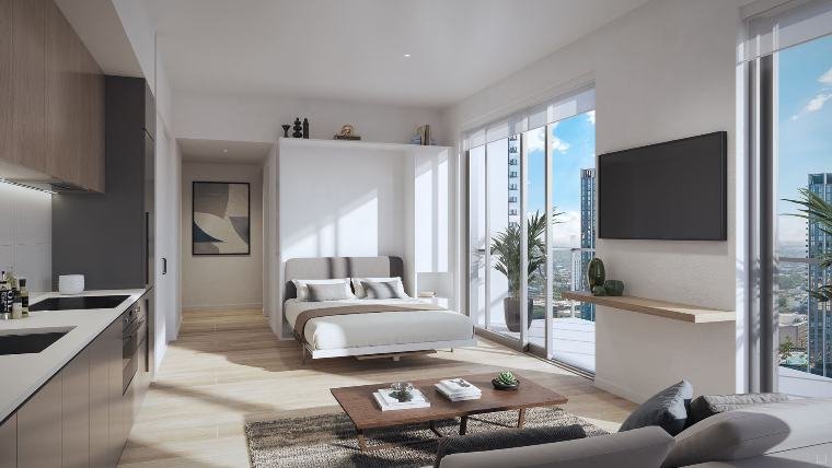 Studio com cama embutida e cozinha