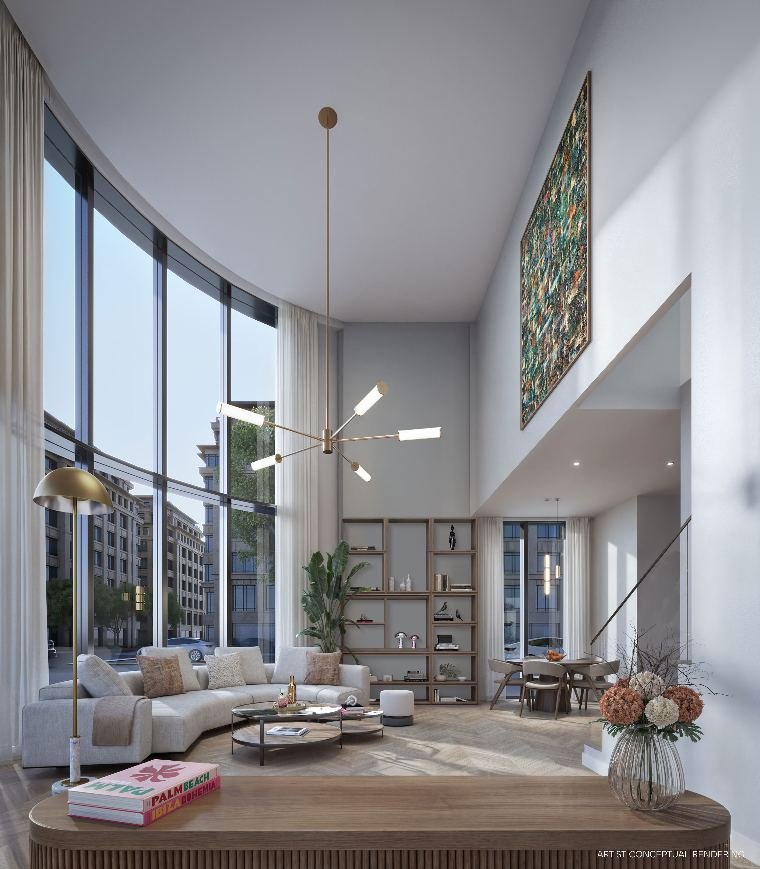 Living com pé-direito duplo de um townhome do One W12 Residences em Miami