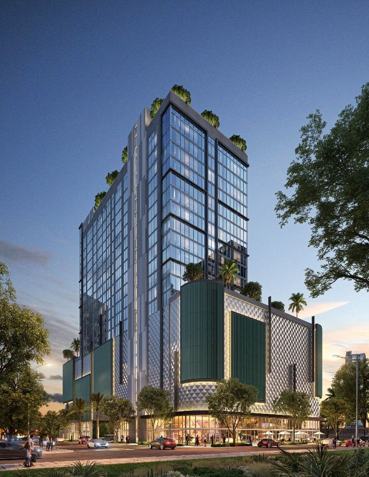 Fachada do One W12 Residences, torre de 23 andares em Downtown Miami