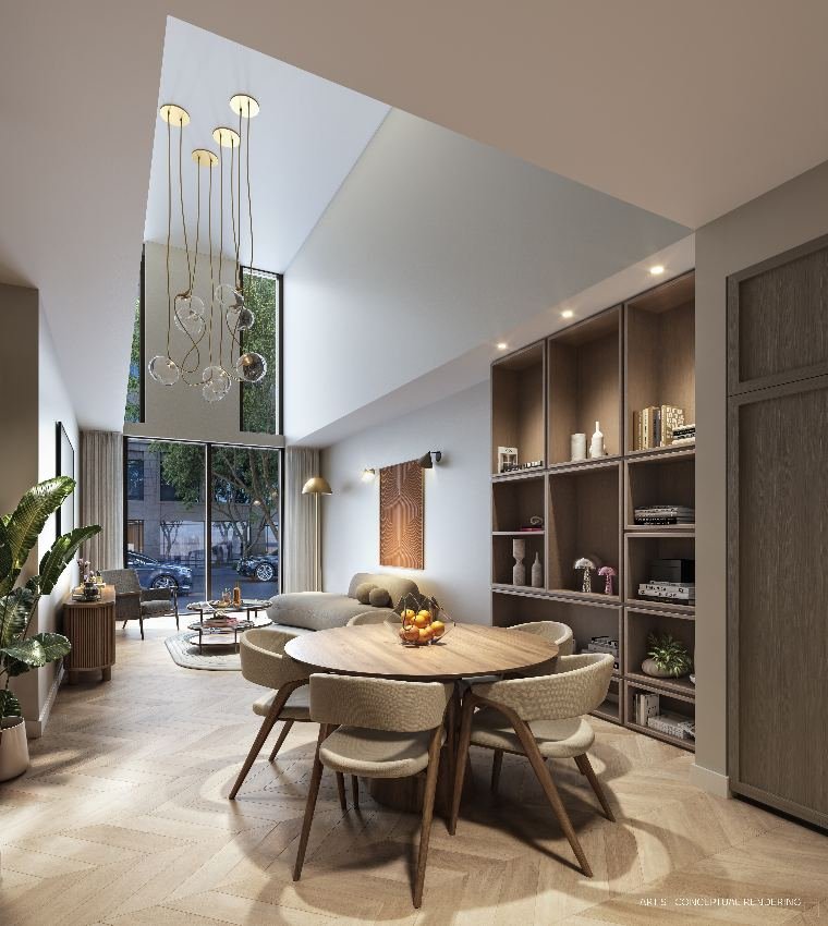 Sala de jantar integrada com pé-direito duplo