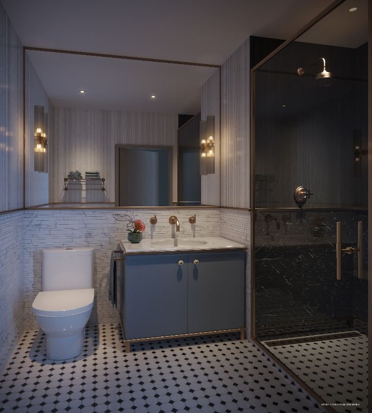 Banheiro de uma residência do One W12 com box e bancada de mármore