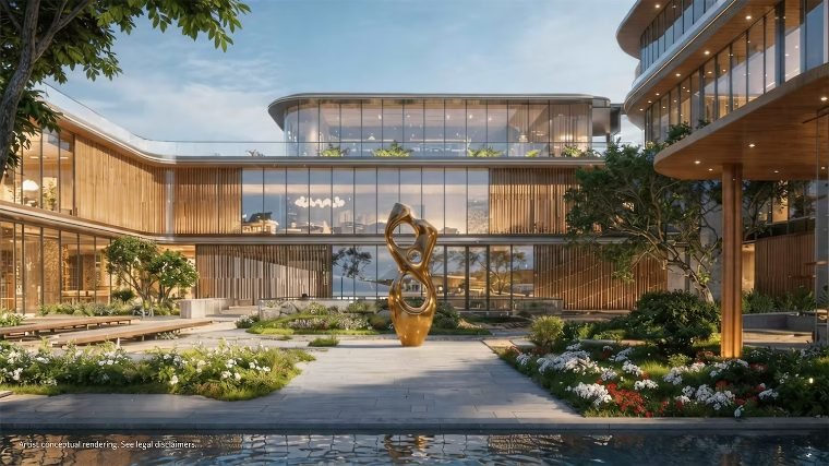 Área de lazer com jardins e piscina