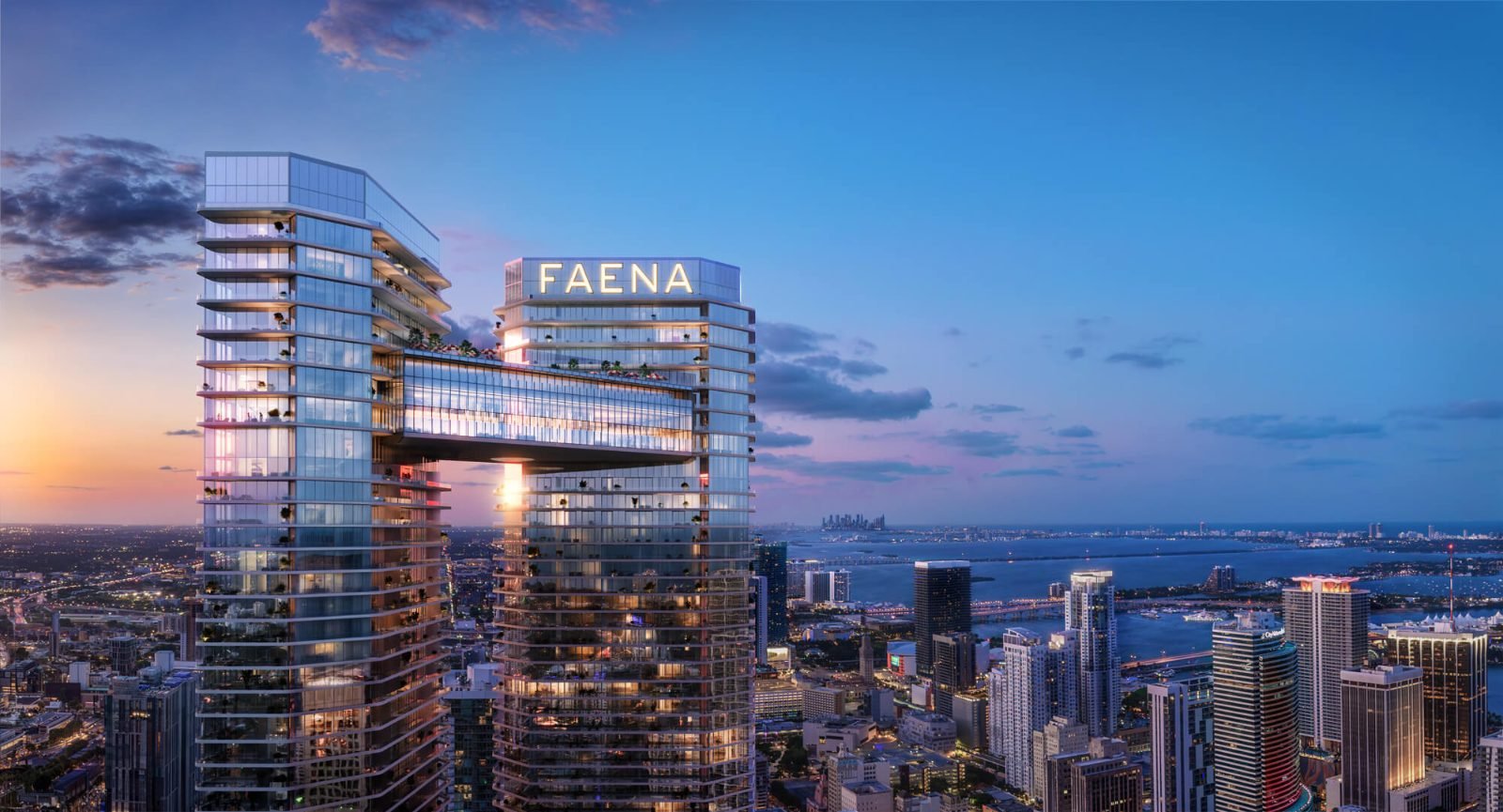 Torres do Faena Residences Miami ligadas por uma sky bridge