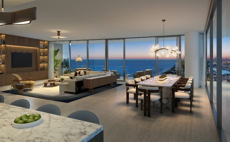 Sala de estar de residência com vista para o mar