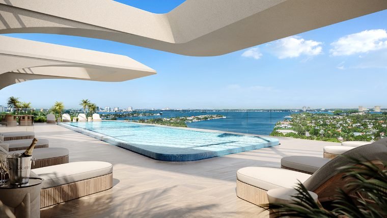 Terraço com piscina e vista para o oceano